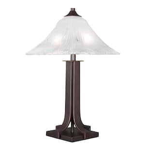 Olympia 24.75 in. Dark Granite Rechargeable Integrated LED Bedside Table Lamp for Living Room with Glass Shade