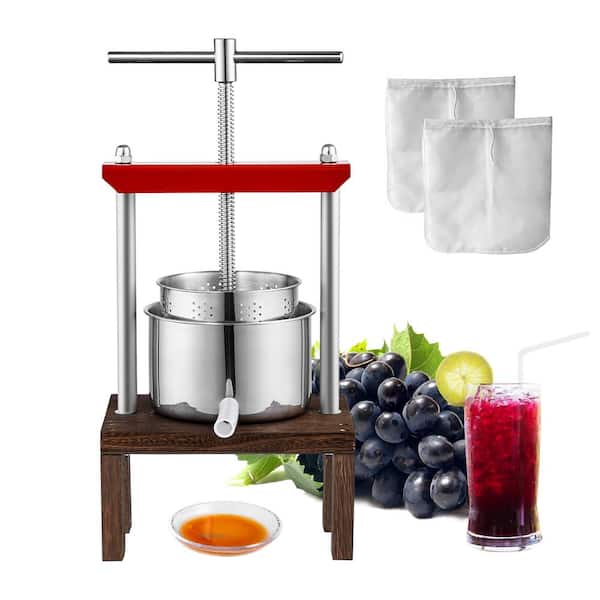 SVOPES Fruit Wine Press is 0.53 gal. /2L. Has 2 barrels, manual. For making juice, cider, etc. With T-handle and stable base