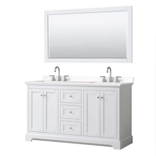 Wyndham Collection Avery 60 in. W x 22 in. D x 35 in. H Double Bath Vanity in White with White Quartz Top and 58 in. Mirror