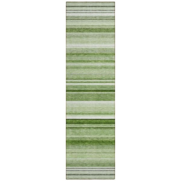 Artichoke Green 2 ft. x 8 ft. Woven Striped Polyester Runner Indoor / Outdoor Area Rug