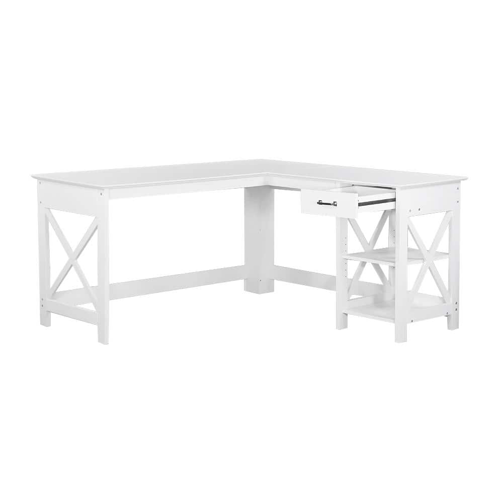 White Wood Corner Writing Desk with Drawer and Filing Cabinet