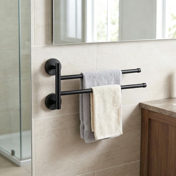 13 in. Wall Mounted Swivel 2-Arm Towel Bar Bath Hardware Accessory in Matte Black