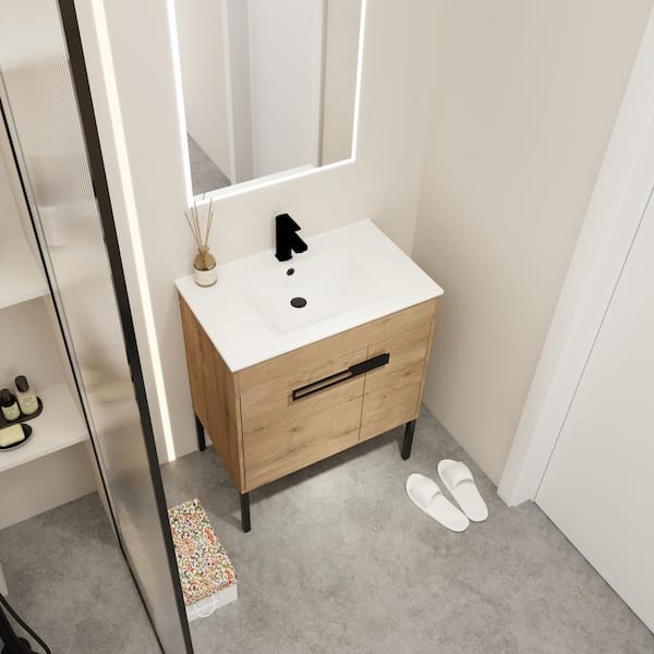 30 in. W x 18-5/16 in. D x 35-1/16 in. H Bath Vanity in Imitative Oak with White Ceramics Top