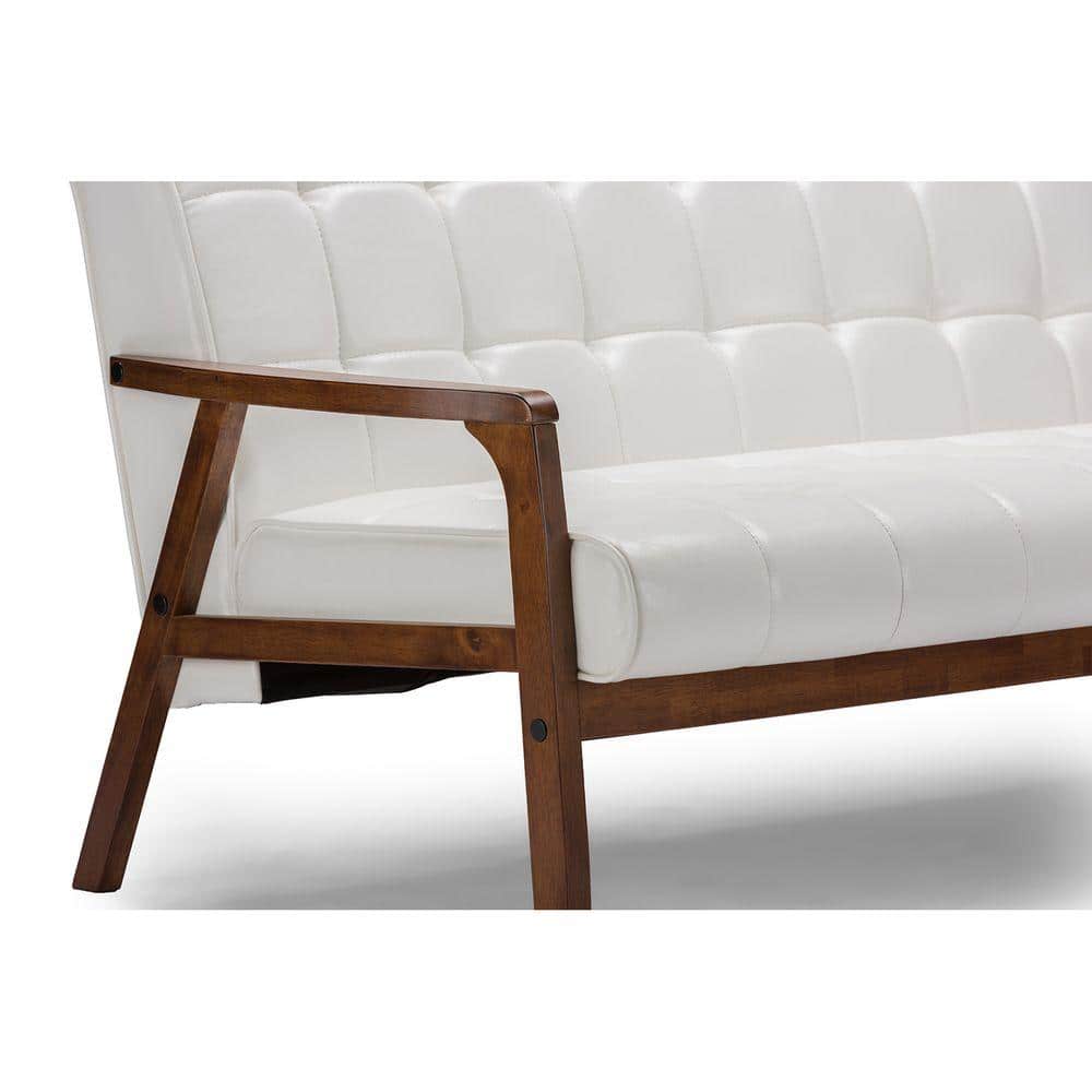 Elegant White Faux Leather Tufted Sleeper Sofa with Wood Accents