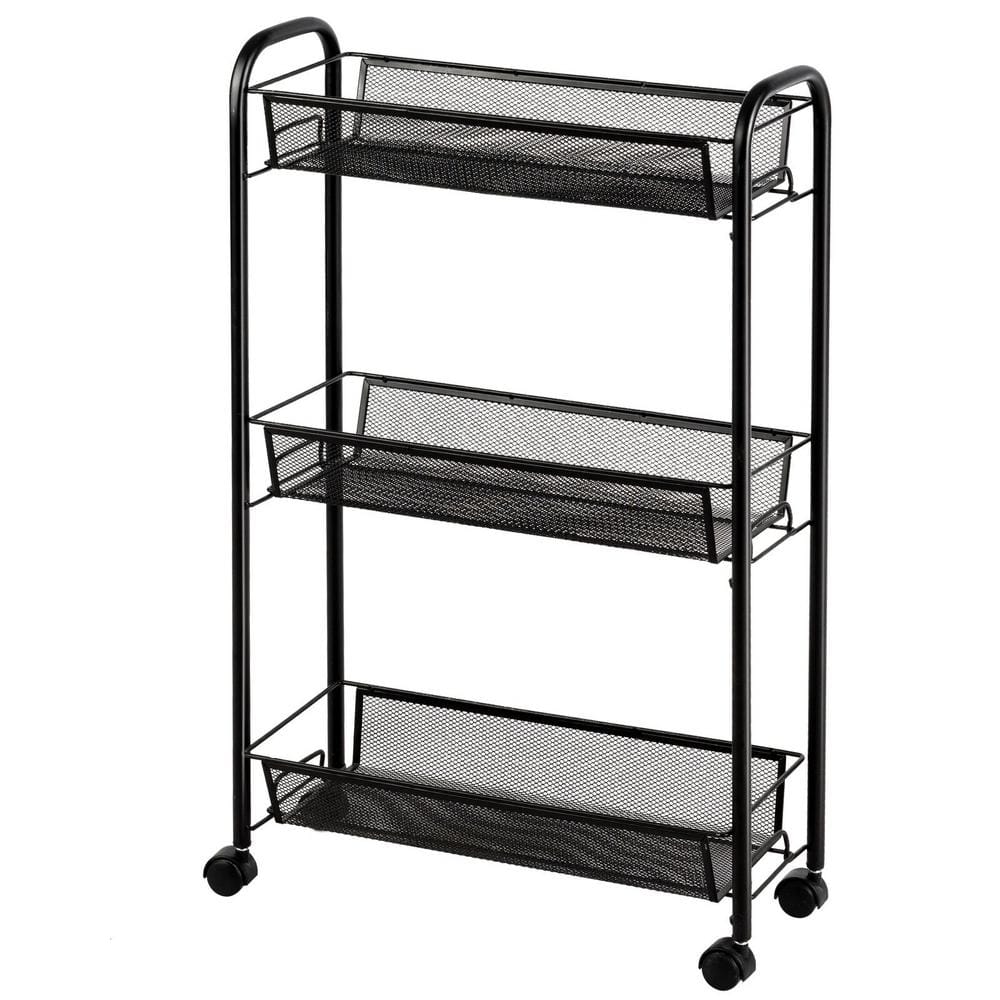Mesh Storage Rolling Cart w/ 3 Tier Shelf Trolley Home Office Organizer Black 