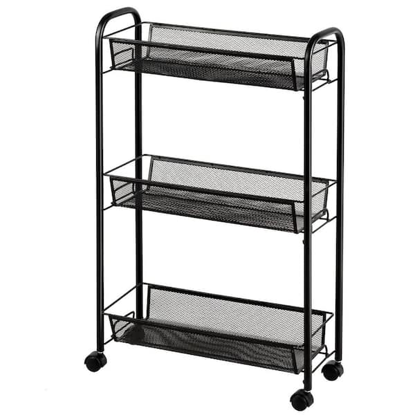Boyel Living 3-Tier Mesh Rolling Cart Mobile Organizer Stand Utility Cart Trolley in Black