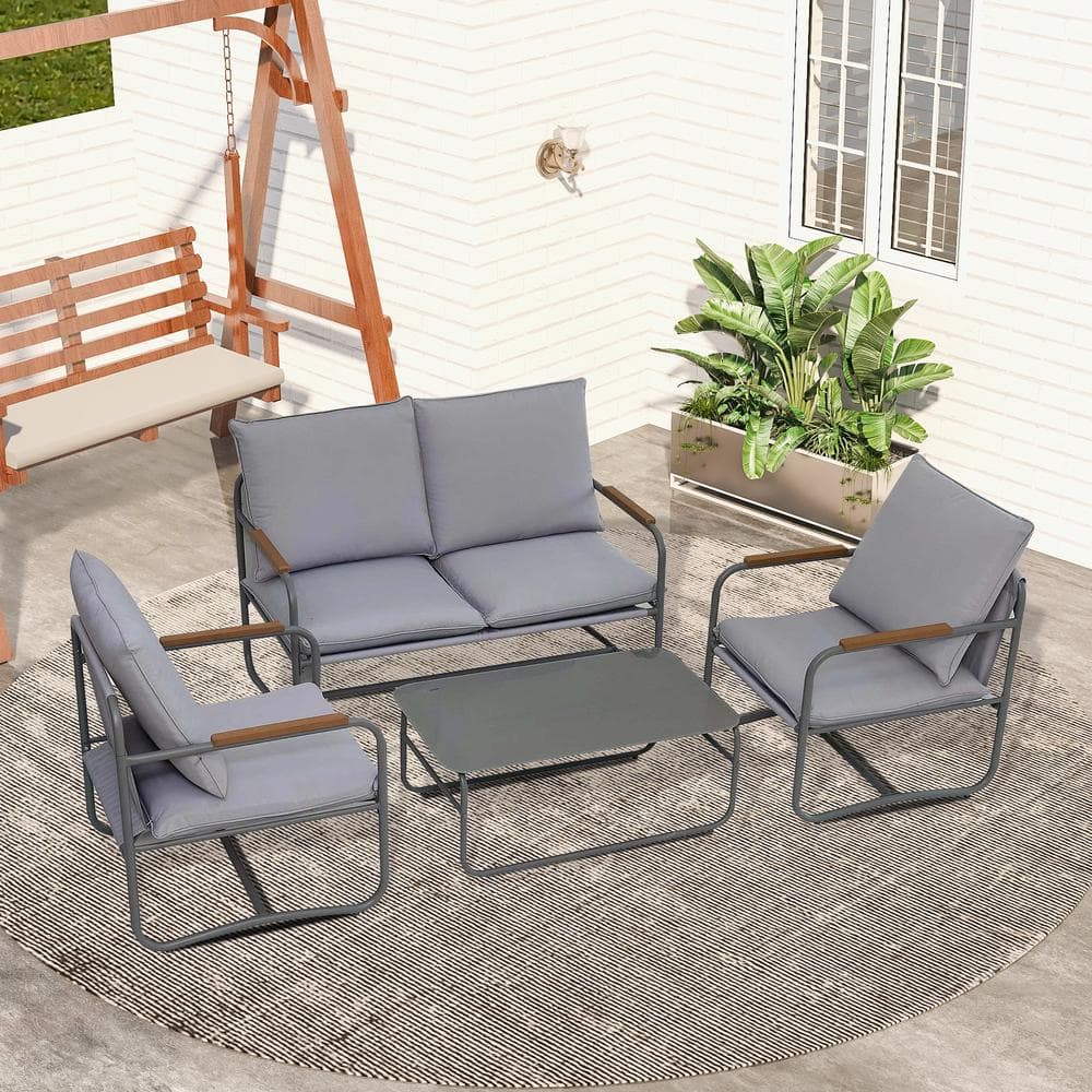 4-Piece Metal Patio Conversation Set with Removable Seating Cushion, Courty