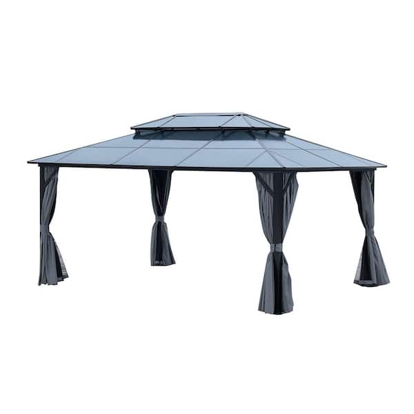 Unbranded 12 ft. x 16 ft. Outdoor Hardtop Gazebo Double Roof Canopy with Netting and Curtains, Aluminum Frame Polycarbonate Roof