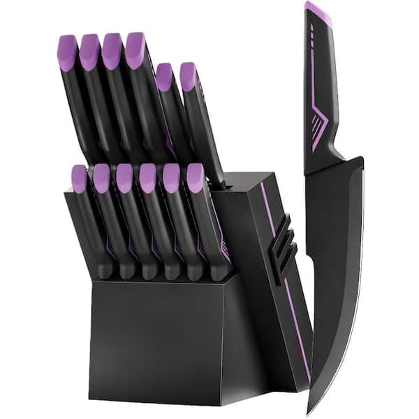 15-Pack High Carbon Stainless Steel Kitchen Knife Set with Built-in Knife Sharpener Block, Dishwasher Safe, Purple