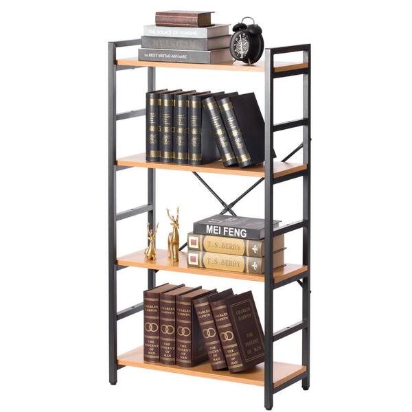 Wood Bookcase with Metal Frames, 4-Shelf Industrial Storage Shelf