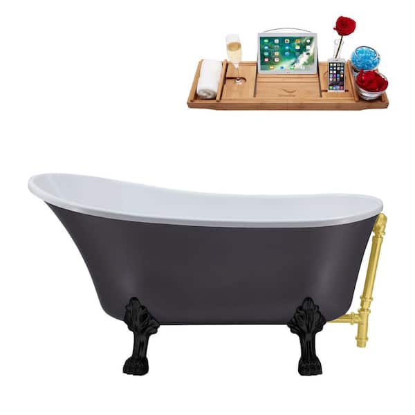 Streamline 55 in. Acrylic Clawfoot Non-Whirlpool Bathtub in Matte Grey With Matte Black Clawfeet And Brushed Gold Drain