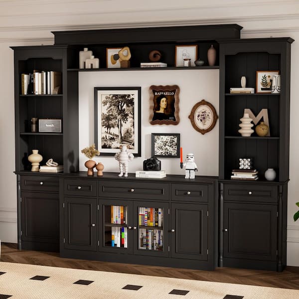 Black TV Stand, TV Console Table, Entertainment Center Fits TV's up to 60 in. with 13 Shelves and 5 Drawers