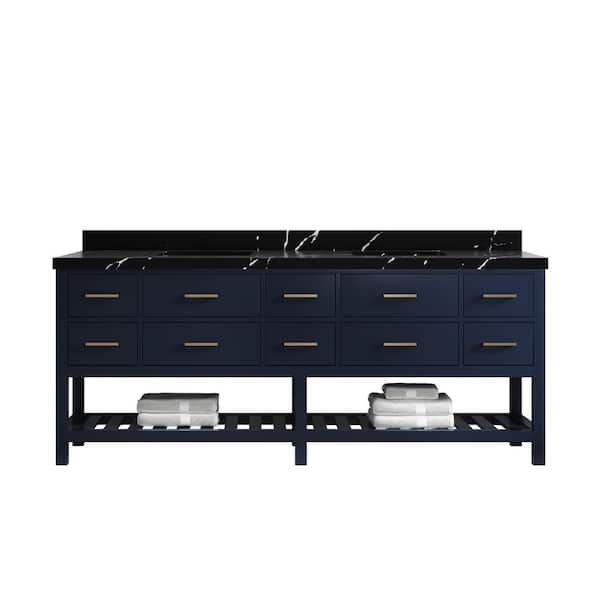 Willow Collections Parker 84 in. Double Sink Freestanding Navy Blue Bath Vanity with Regular Calacatta Black Qt. Top Unassembled