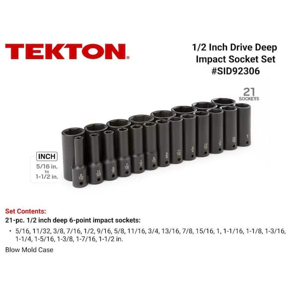 TEKTON 1/2 in. Drive Deep 6-Point Impact Socket Set, 21-Piece (5
