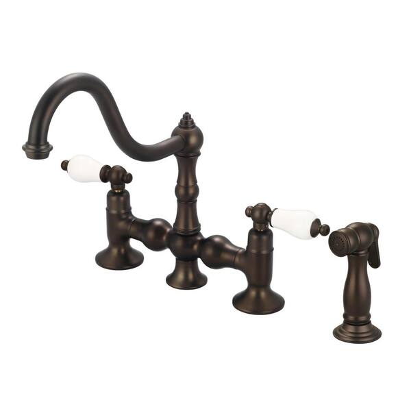 Water Creation 2-Handle Bridge Kitchen Faucet with Metal Side Sprayer in Oil Rubbed Bronze