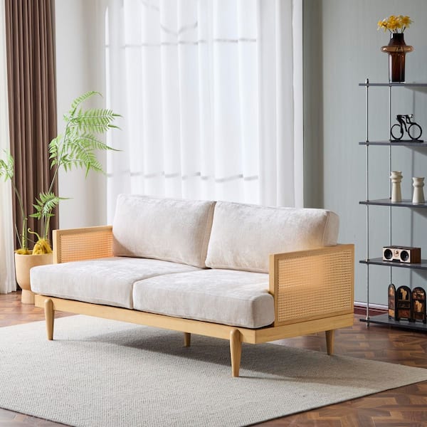 CHRISTOPHER KNIGHT HOME Emir 72 in. Square Arm Polyester Upholstery Rectangle 3-Seater Sofa, Beige and Natural Cane Rattan Plus Solid Wood Frame