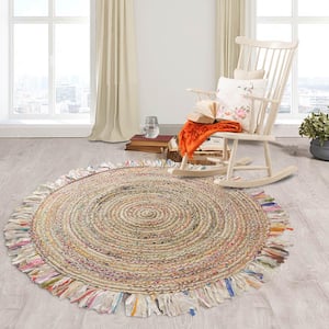 Allen Bleach White/Multi-Color 5 ft. 6 in. Round Chindi Fringed Braided Organic Jute Area Rug