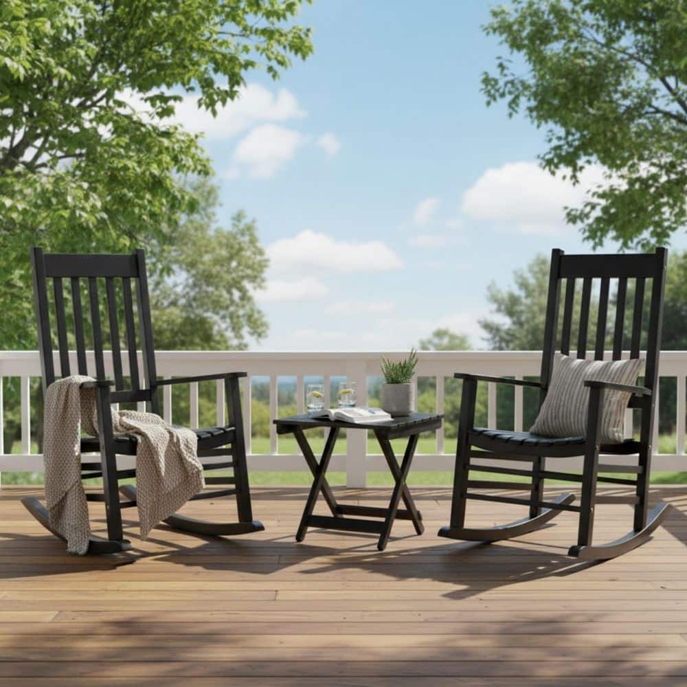 44 in. H Porch Rocking Chair Set with Folding Side Table, Black Acacia Outdoor Patio Furniture Set price history on PriceWatchPro
