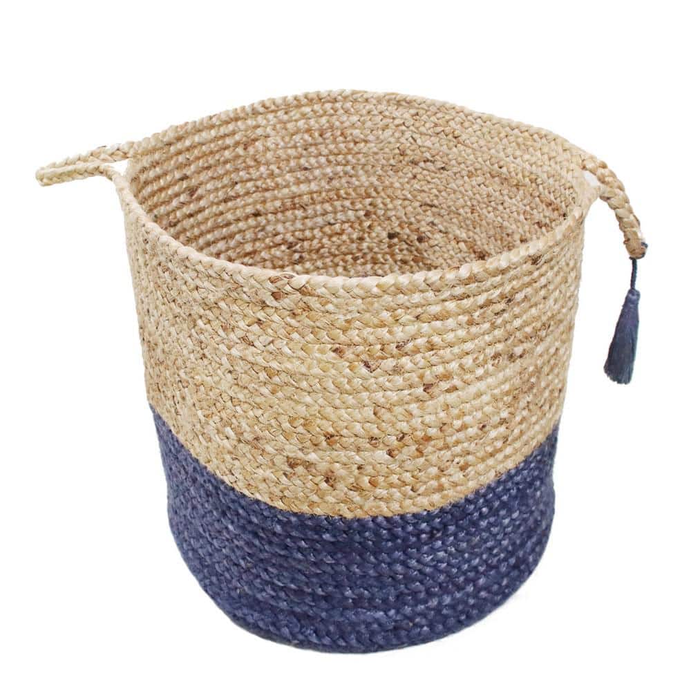 Handmade Round Tan and Sapphire Blue Jute Storage Basket with Loop Handles