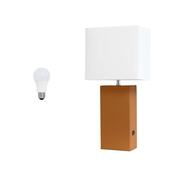 21 in. Modern Leather Base Table Lamp for Living Room with USB Charging Port and Feit LED Bulb, Tan