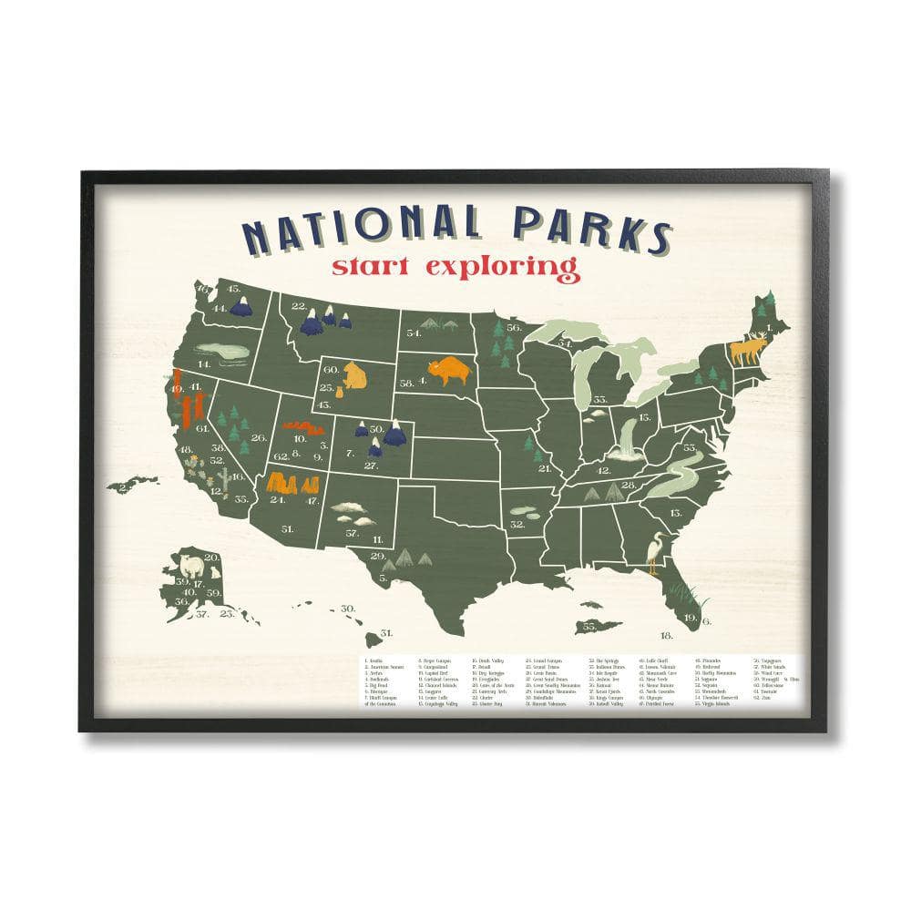 National Park Map Numbered Key United States by Daphne Polselli Framed Print Abstract Texturized Art 16 in. x 20 in.