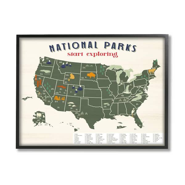 Stupell Industries National Park Map Numbered Key United States by Daphne Polselli Framed Print Abstract Texturized Art 16 in. x 20 in.