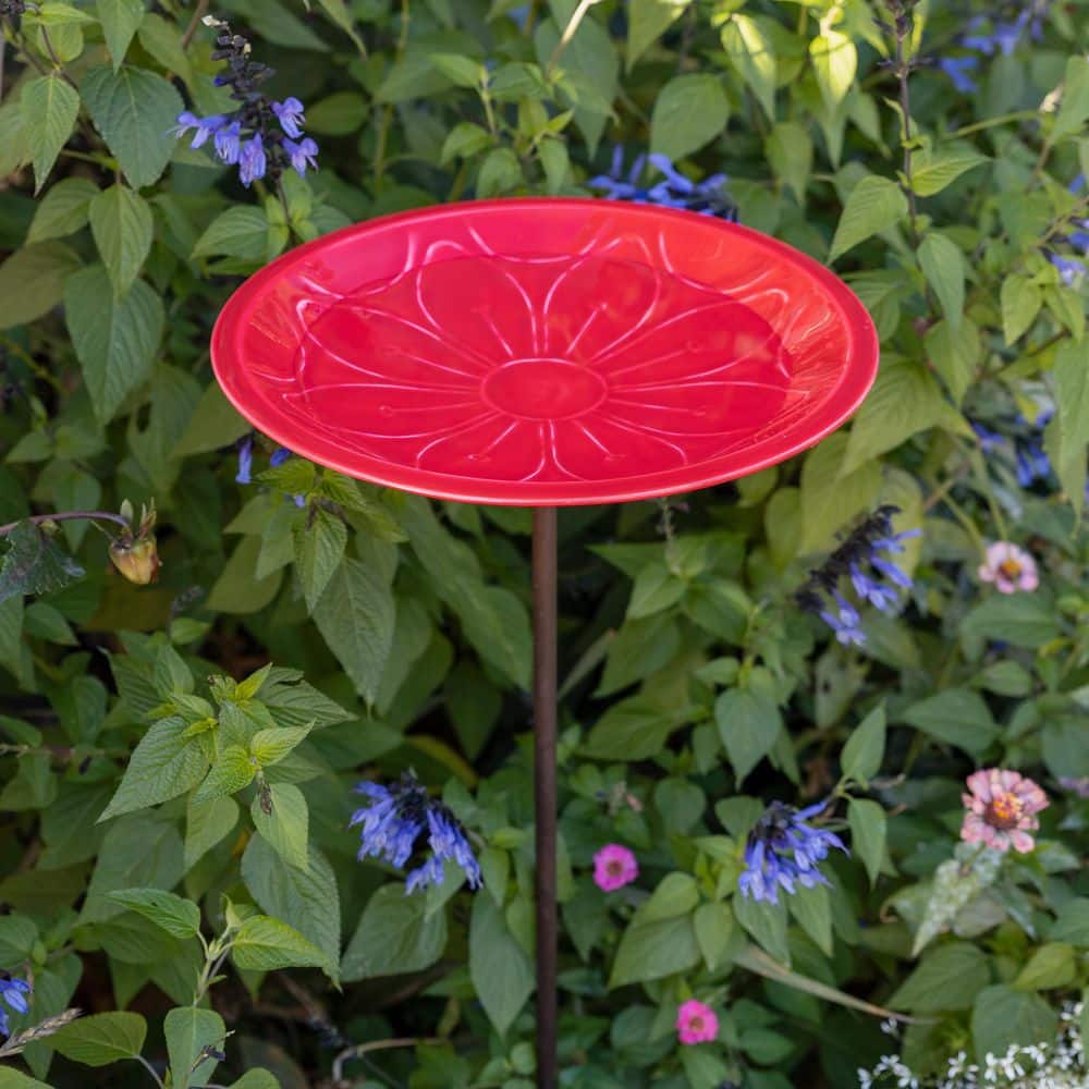 Petunia Red Glass Enamel Birdbath with Solid Brass Stake