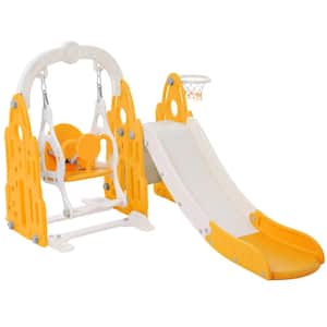 Yellow Indoor, Outdoor 4 in 1 Kids Playground Climber Slide Playset with Basketball Hoop, Rocket Themed Slide