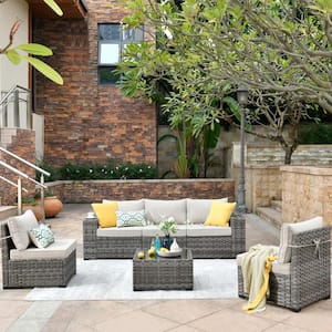 Crater Gray 6-Piece Wicker Wide-Plus Arm Outdoor Patio Conversation Sofa Set with Beige Cushions