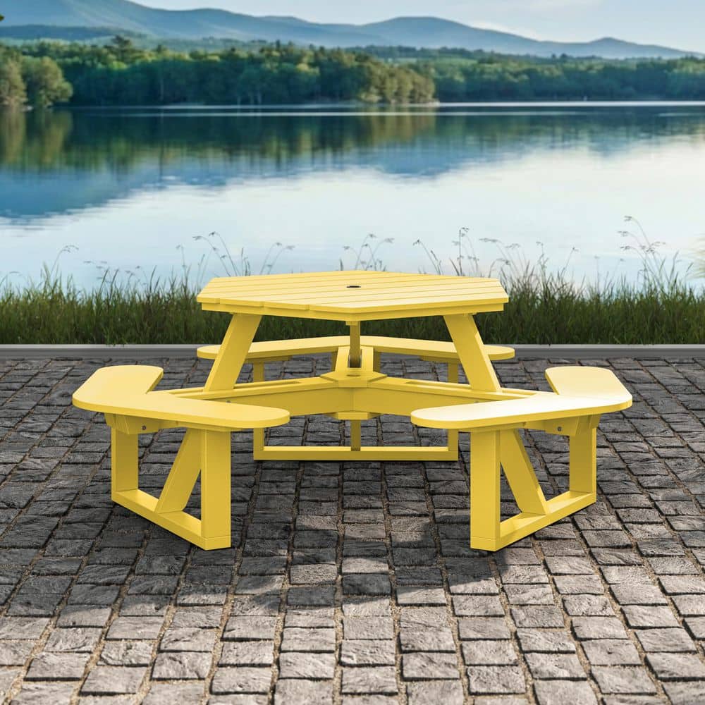 Shoreline 74 in. Sunbeam Yellow Hexagon HDPE Plastic Picnic Table Seats 6 People with Umbrella Hole price history on PriceWatchPro