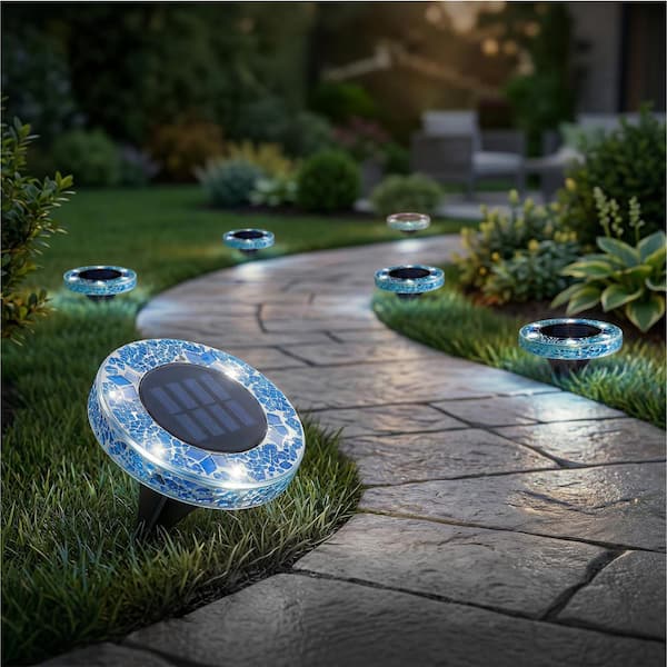 Mosaic Disk Lights Low Voltage Blue Solar Powered LED Waterproof Path Light with Mosaic Glass Top (4-Pack)