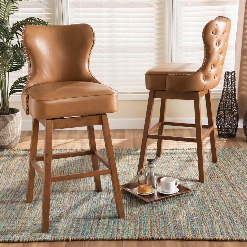 Walnut Wood and Tan Leather Swivel Barstool with Copper Accents