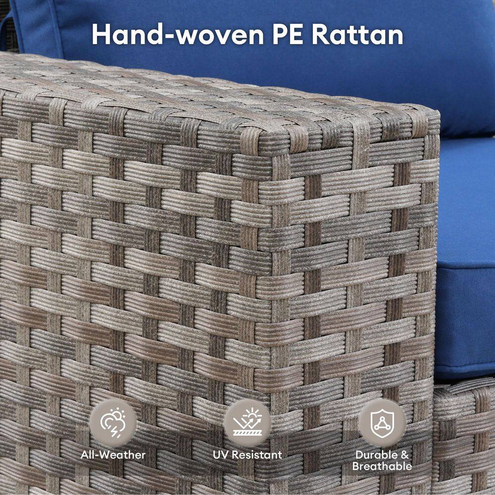 Gray 8-Piece Wicker Outdoor Sofa Set with Navy Cushions