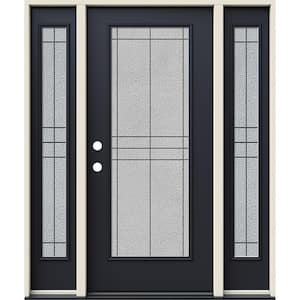 60 in. x 80 in. Right-Hand Full Lite Dilworth Decorative Glass Black Fiberglass Prehung Front Door with Sidelites