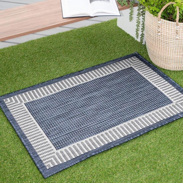 Eco Striped Border Navy 2 ft. x 3 ft. Indoor/Outdoor Area Rug