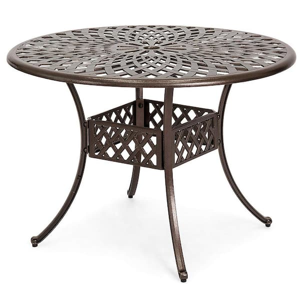 Kinger Home Arden 41 in. Cast Aluminum Outdoor Patio Dining Table with 2 in. Umbrella Hole and Lattice Weave Design in Bronze