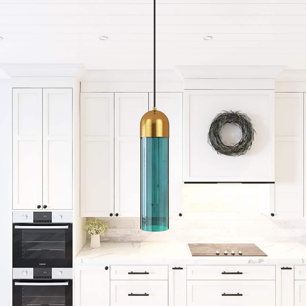 Modern Green Glass Cylinder Pendant Light with Gold Finish