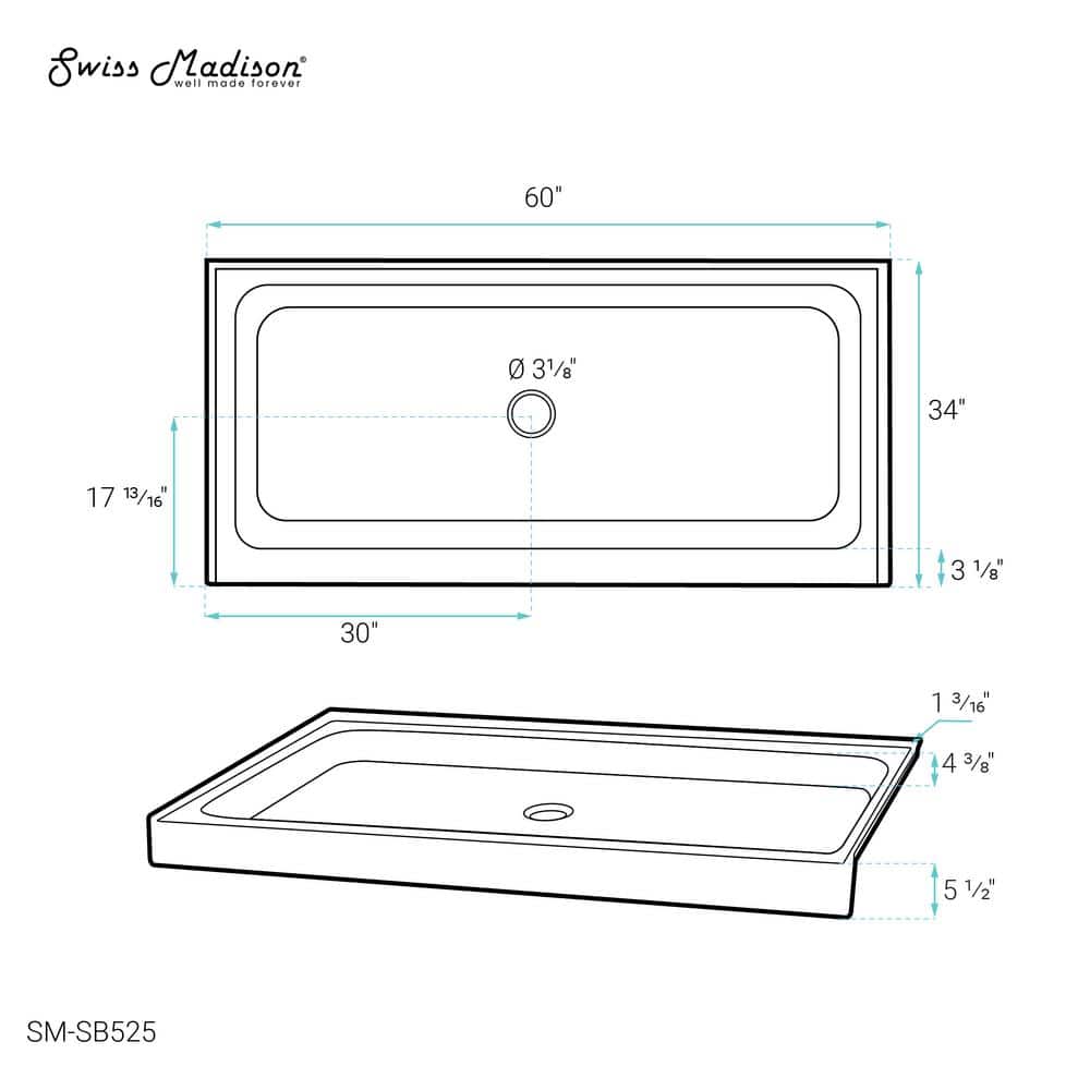 Voltaire 60" x 34" White Acrylic Single-Threshold Shower Base