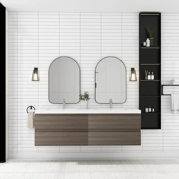 JimsMaison 72 in. W x 20 in. D x 22 in. H Double Sink Floating Bath Vanity in Ash Grey with Glossy White Resin Top