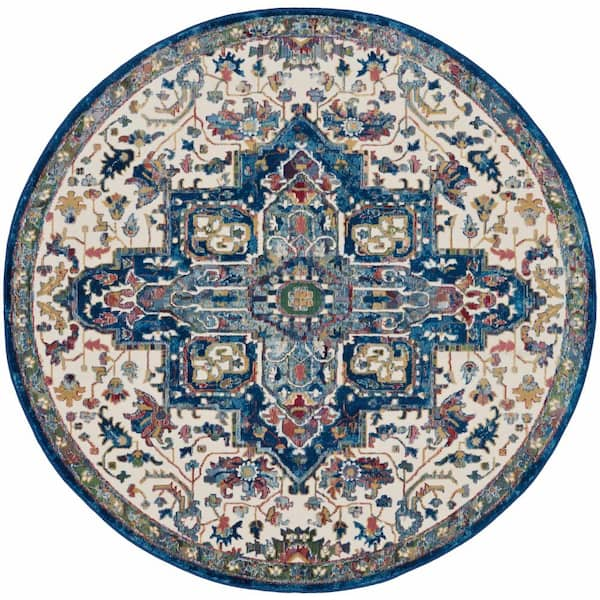 Ankara Global Ivory Navy 6 ft. x 6 ft. Round Persian Medallion Transitional Area Rug