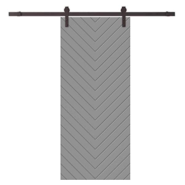 CALHOME Herringbone 30 in. x 84 in. Fully Assembled Light Gray Stained MDF Modern Sliding Barn Door with Hardware Kit