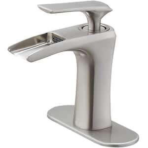 Waterfall Single Hole Single-Handle Low-Arc Bathroom Faucet With Deck Plate in Brushed Nickel