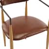 Close-up of brown faux leather upholstery on a dining chair seat.