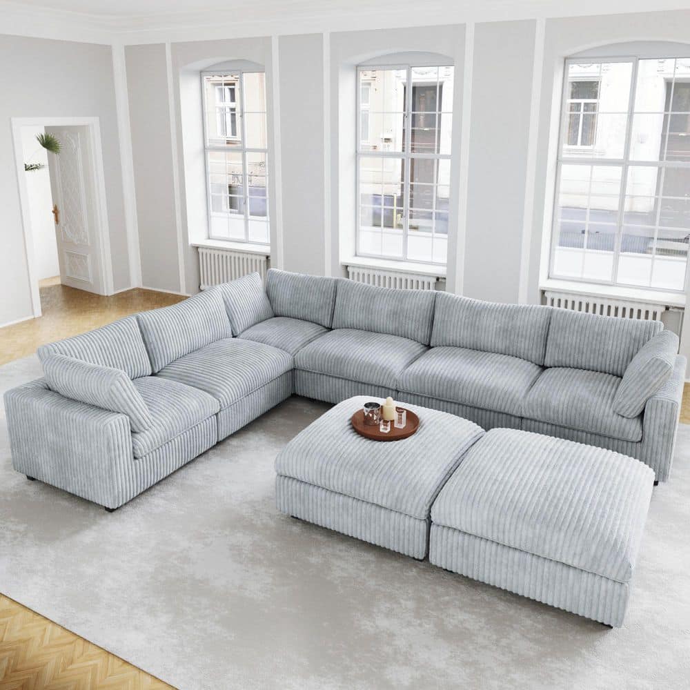 Down Filled Oversized 157 in. Square Arm Velvet V-Shaped Modular Sofa Cloud Couch with Ottoman, Washable Covers in. Gray