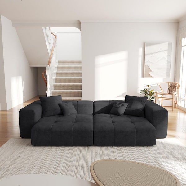 105 in. Oversized Square Arm Linen Rectangle Modular Sectional Sofa 2-Seater in Black