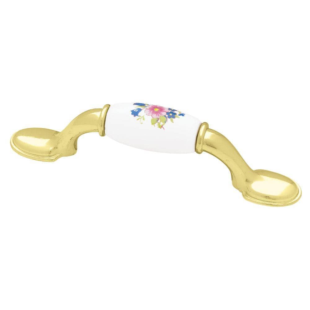 3 in. (76mm) Polished Brass with Ceramic Floral Insert Spoon Foot Cabinet D