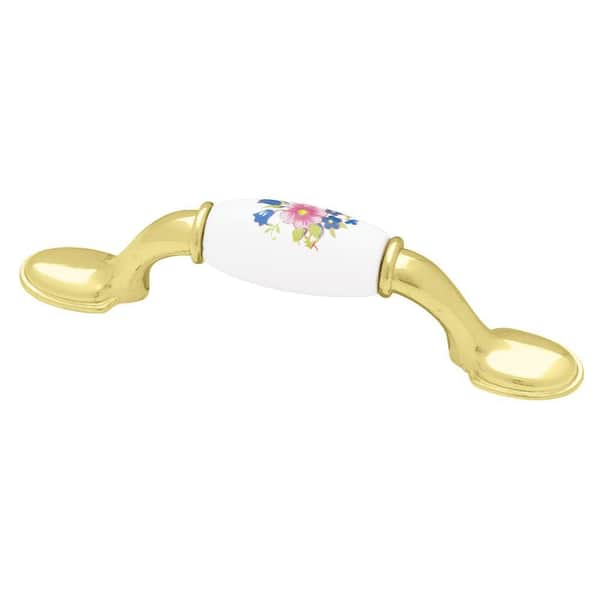Liberty 3 in. (76mm) Polished Brass with Ceramic Floral Insert Spoon Foot Cabinet Drawer Pull