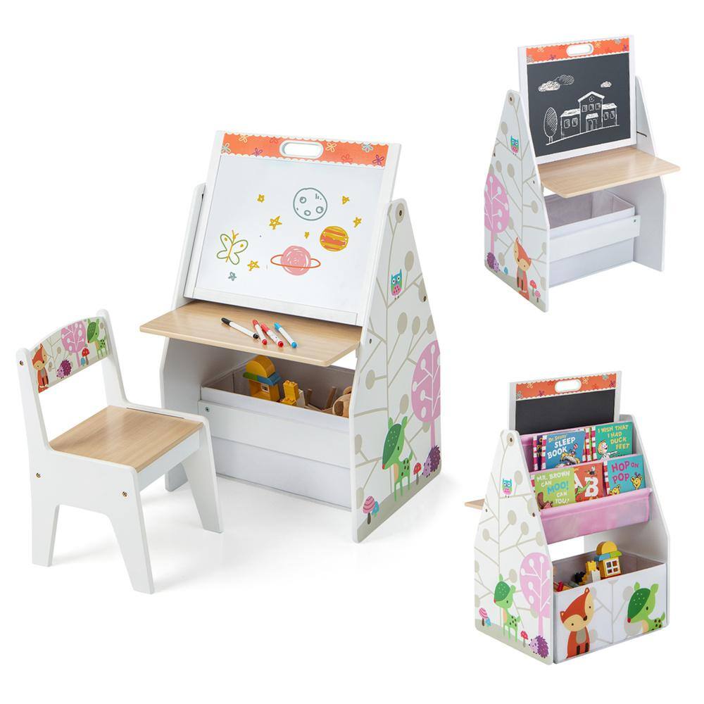 Kids Table & Chair Set with Rotatable Double-sided Magnetic Blackboard & Whiteboard White