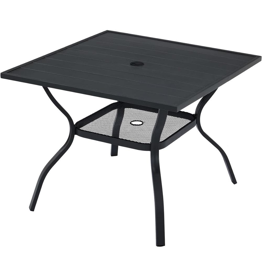 Square Metal Outdoor Dining Table with Umbrella Hole Black Tabletop