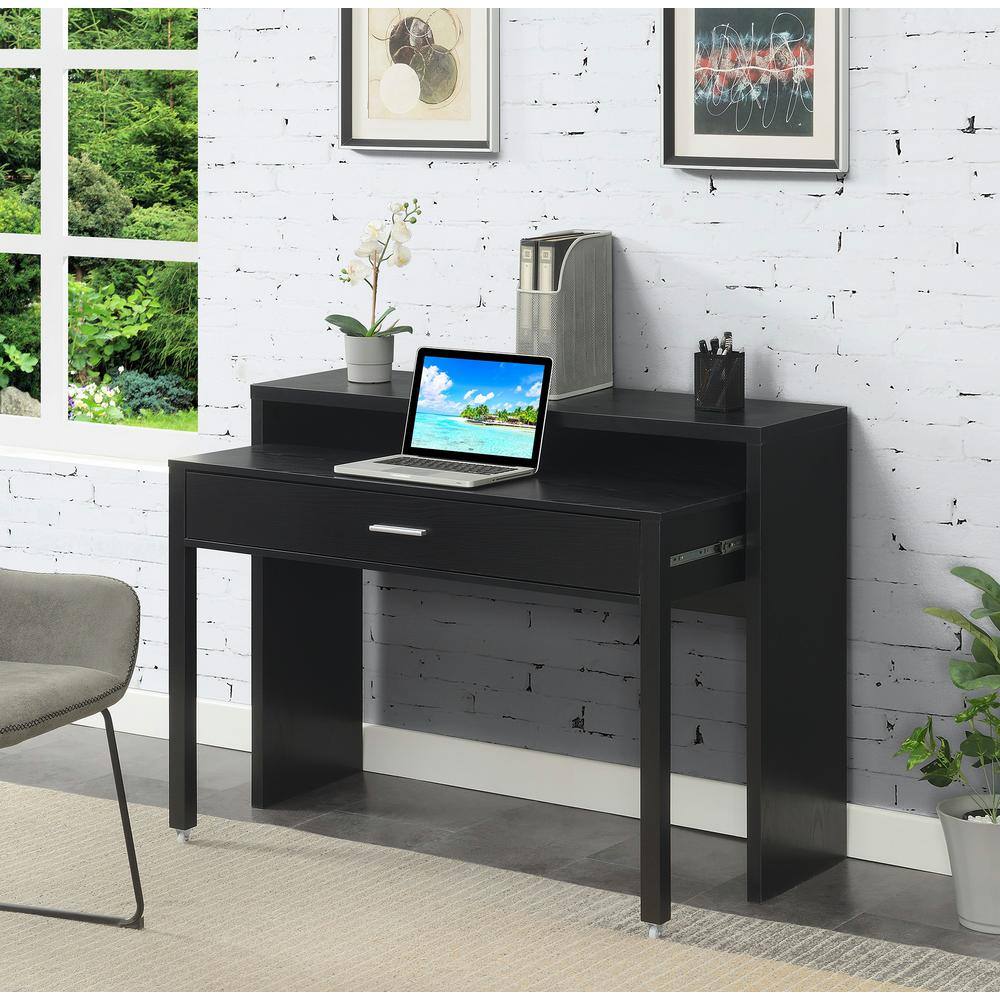 Modern Black Expandable Console/Desk with Sliding Drawer and Riser